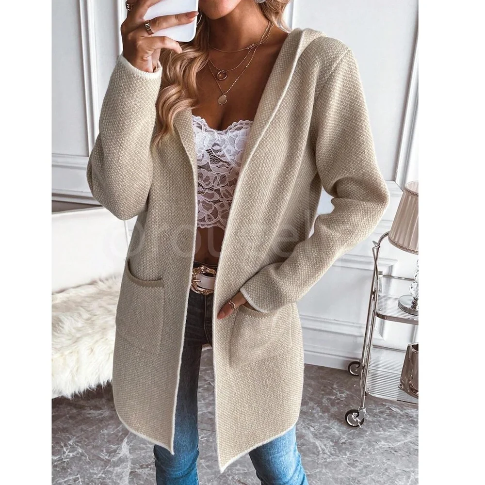 Hooded Knit Beige /Tan Open Cardigan Long Sleeves Hip Length w/ Pockets - Picture 2 of 8